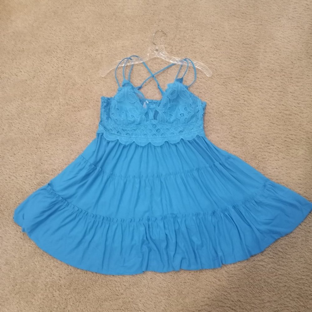 PLUS CROCHET LACE RUFFLE CAMI DRESS DEEP SKY BLUE 3X - Picture 5 of 11